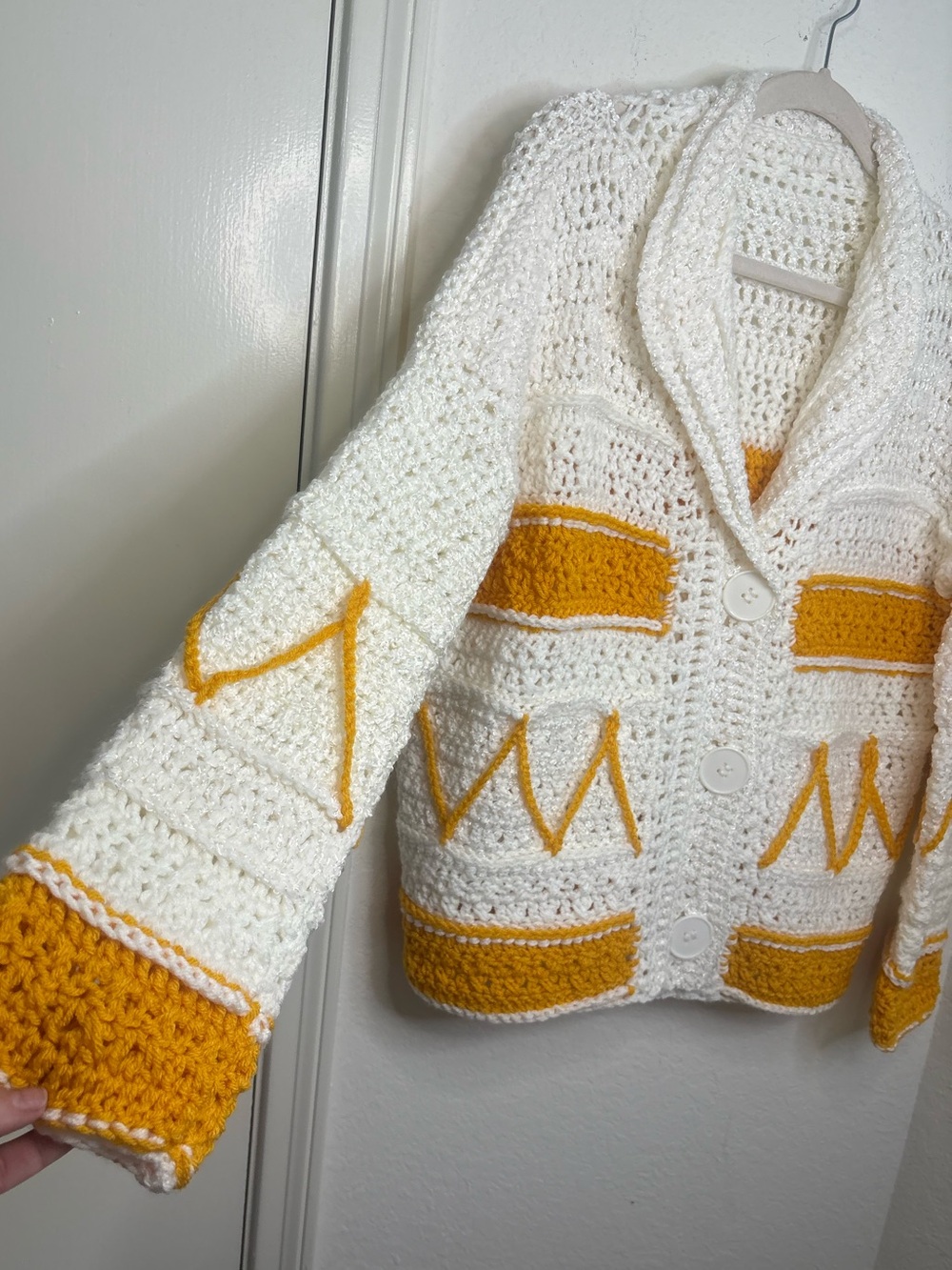 Handmade Knit Crochet Cardigan Sweater Mustard Yellow & Cream Boho - Picture 7 of 16